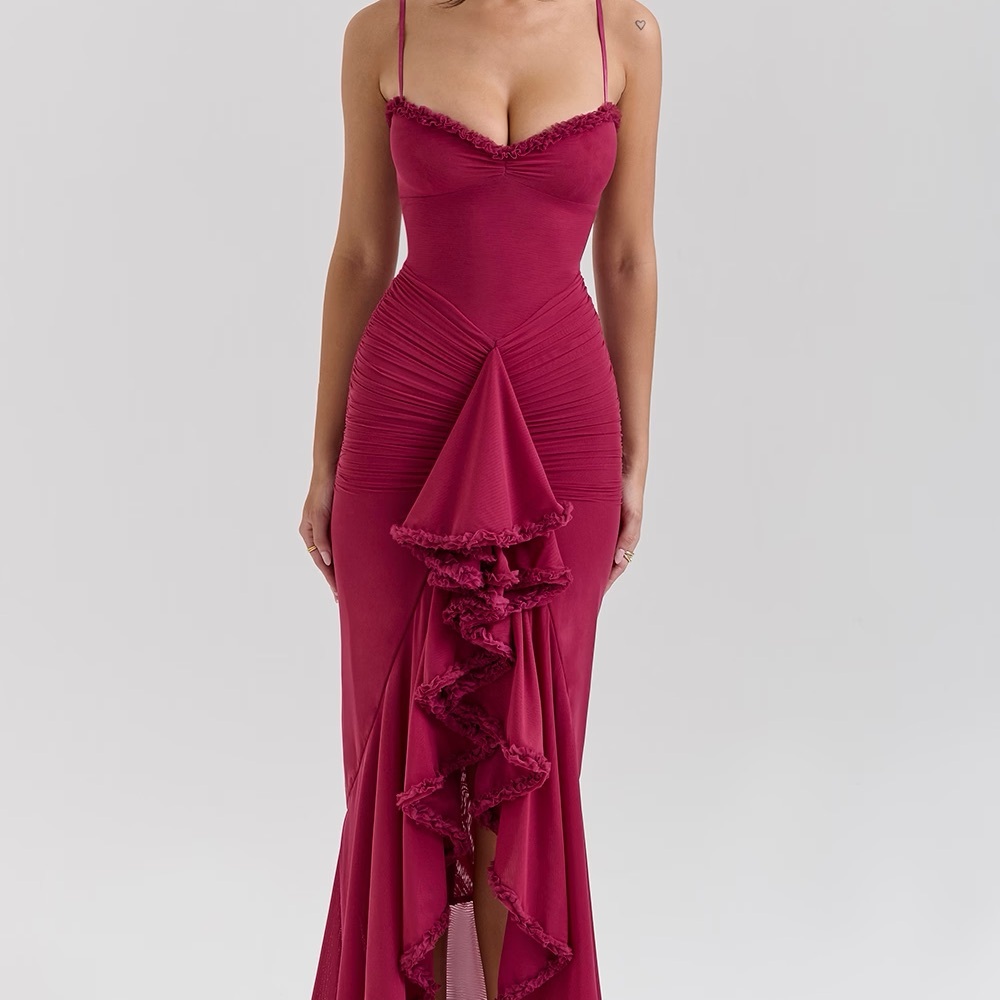 House of CB GABBI WINE RUFFLED FRONT GOWN